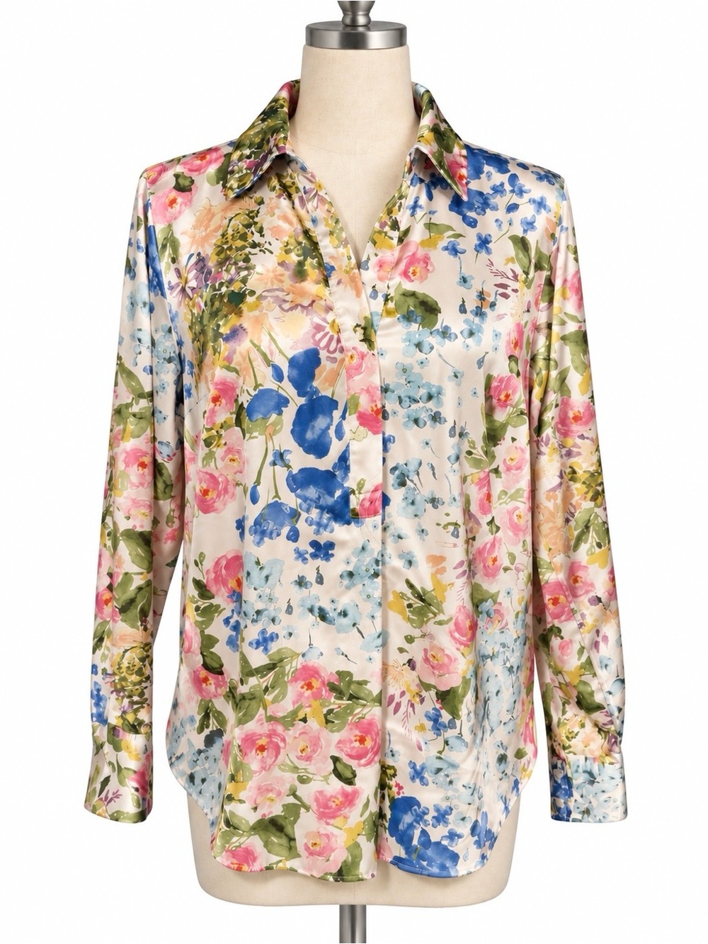 Joie silky watercolor floral print button down blouse. Pastels and green, M